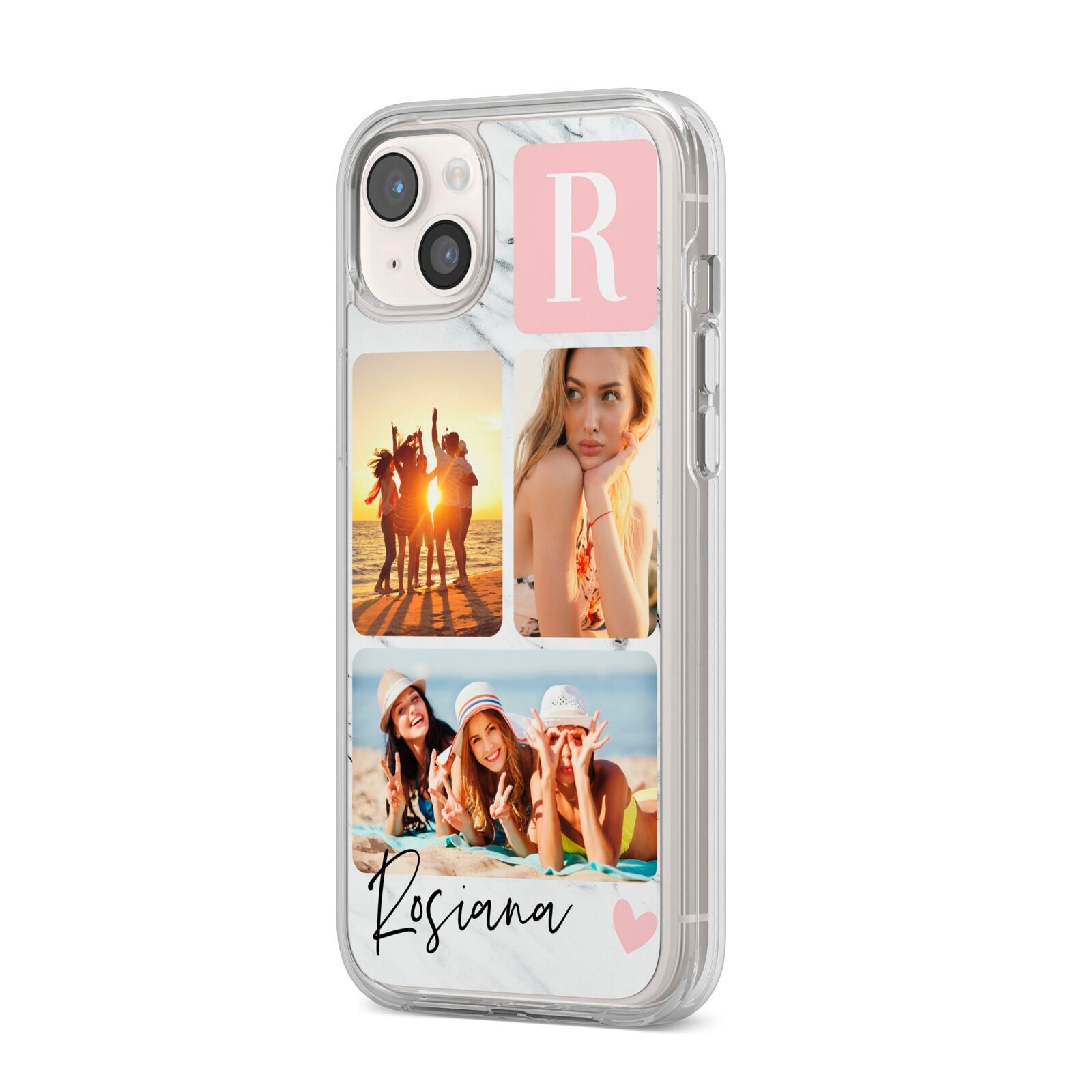 Personalised Three Photo Marble Name iPhone 14 Plus Clear Tough Case Starlight Angled Image