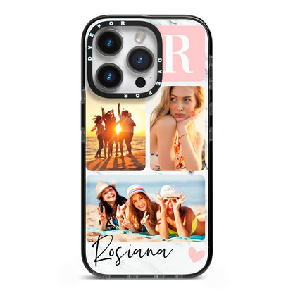 Personalised Three Photo Marble Name iPhone 14 Pro Black Impact Case on Silver phone