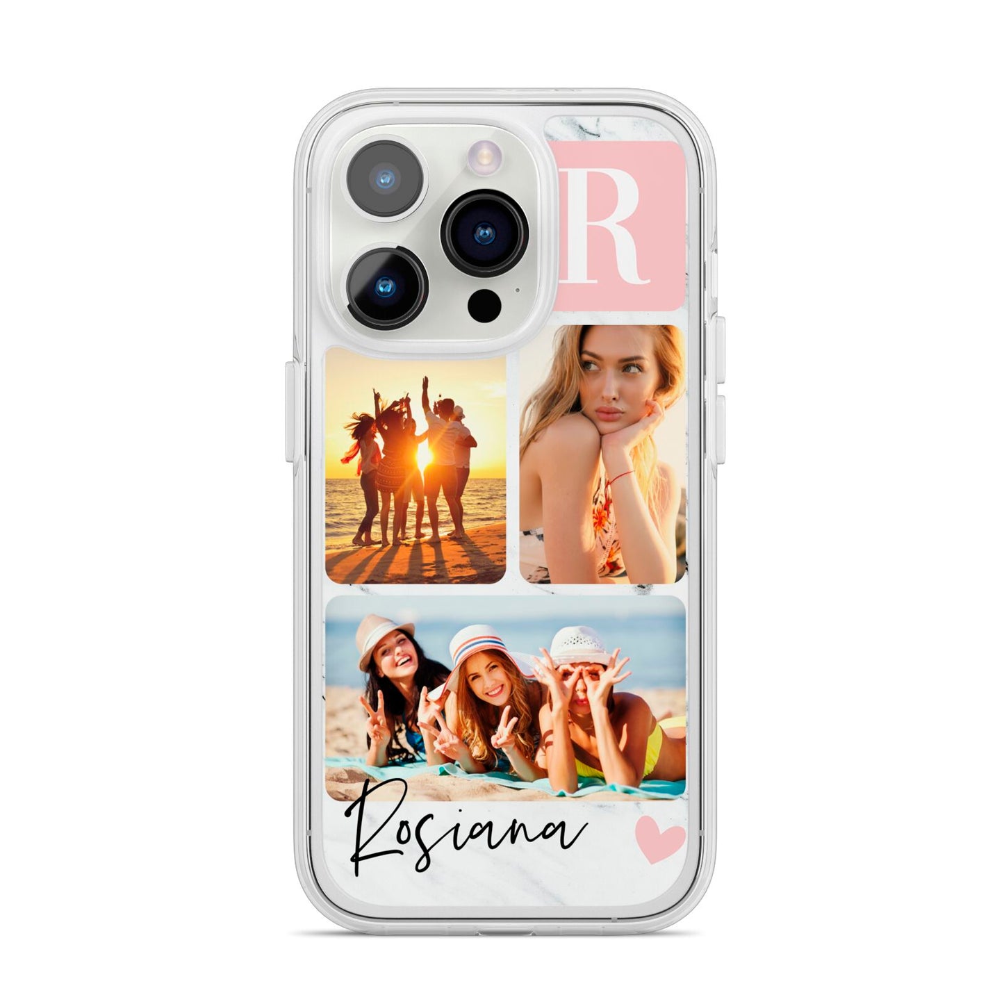 Personalised Three Photo Marble Name iPhone 14 Pro Clear Tough Case Silver