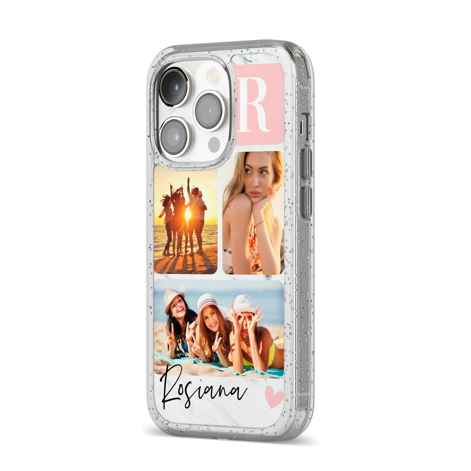 Personalised Three Photo Marble Name iPhone 14 Pro Glitter Tough Case Silver Angled Image