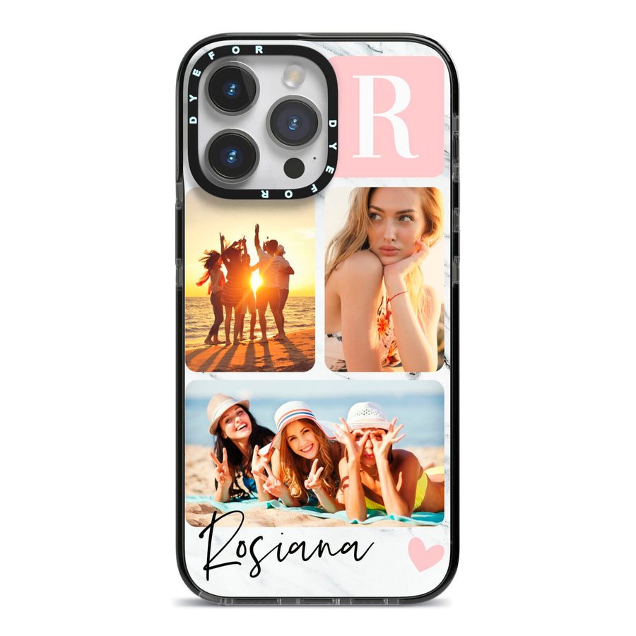 Personalised Three Photo Marble Name iPhone 14 Pro Max Black Impact Case on Silver phone