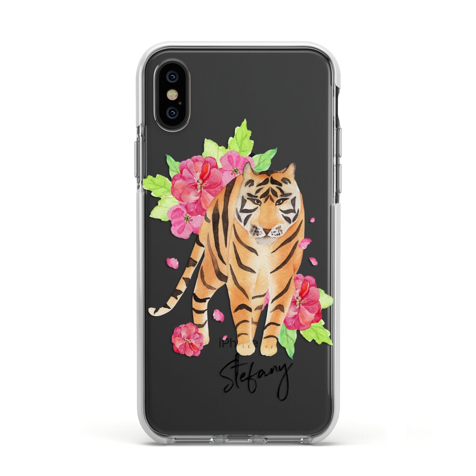 Personalised Tiger Apple iPhone Xs Impact Case White Edge on Black Phone