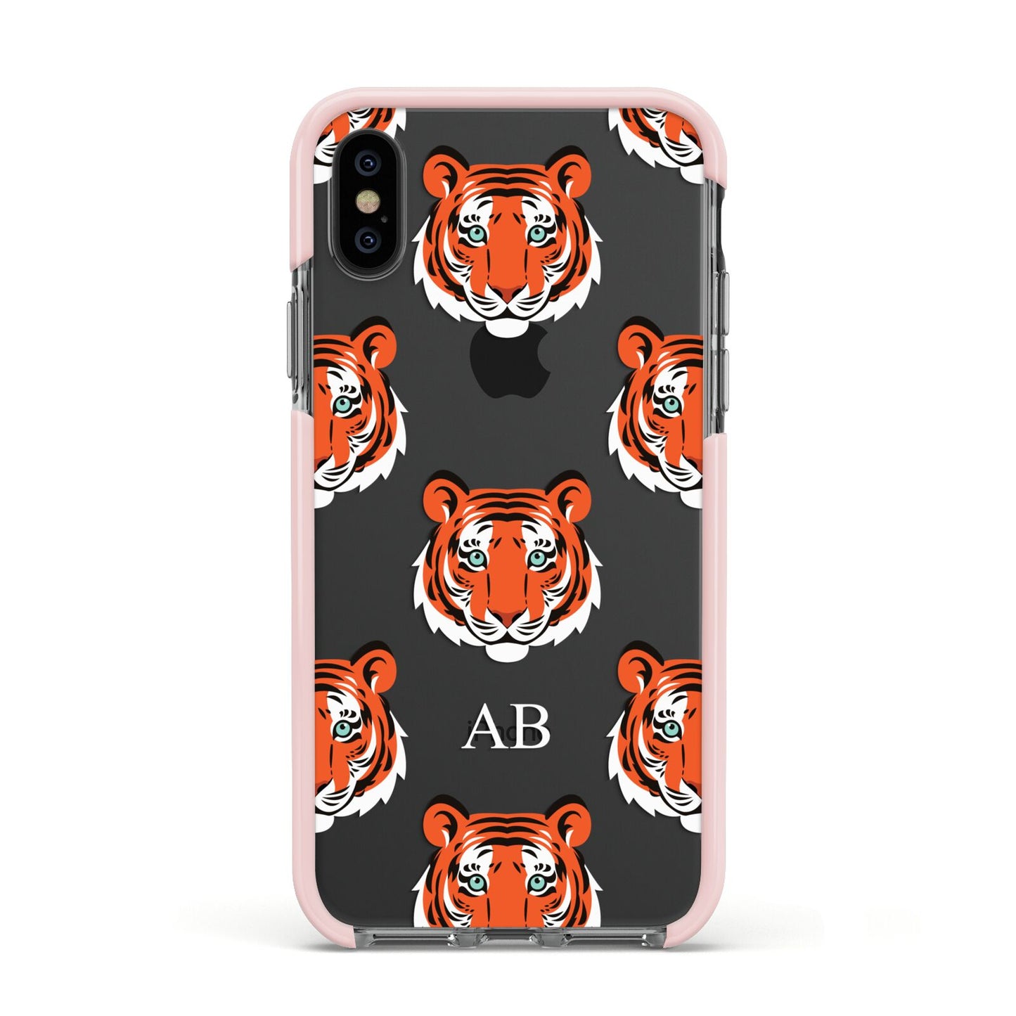 Personalised Tiger Head Apple iPhone Xs Impact Case Pink Edge on Black Phone