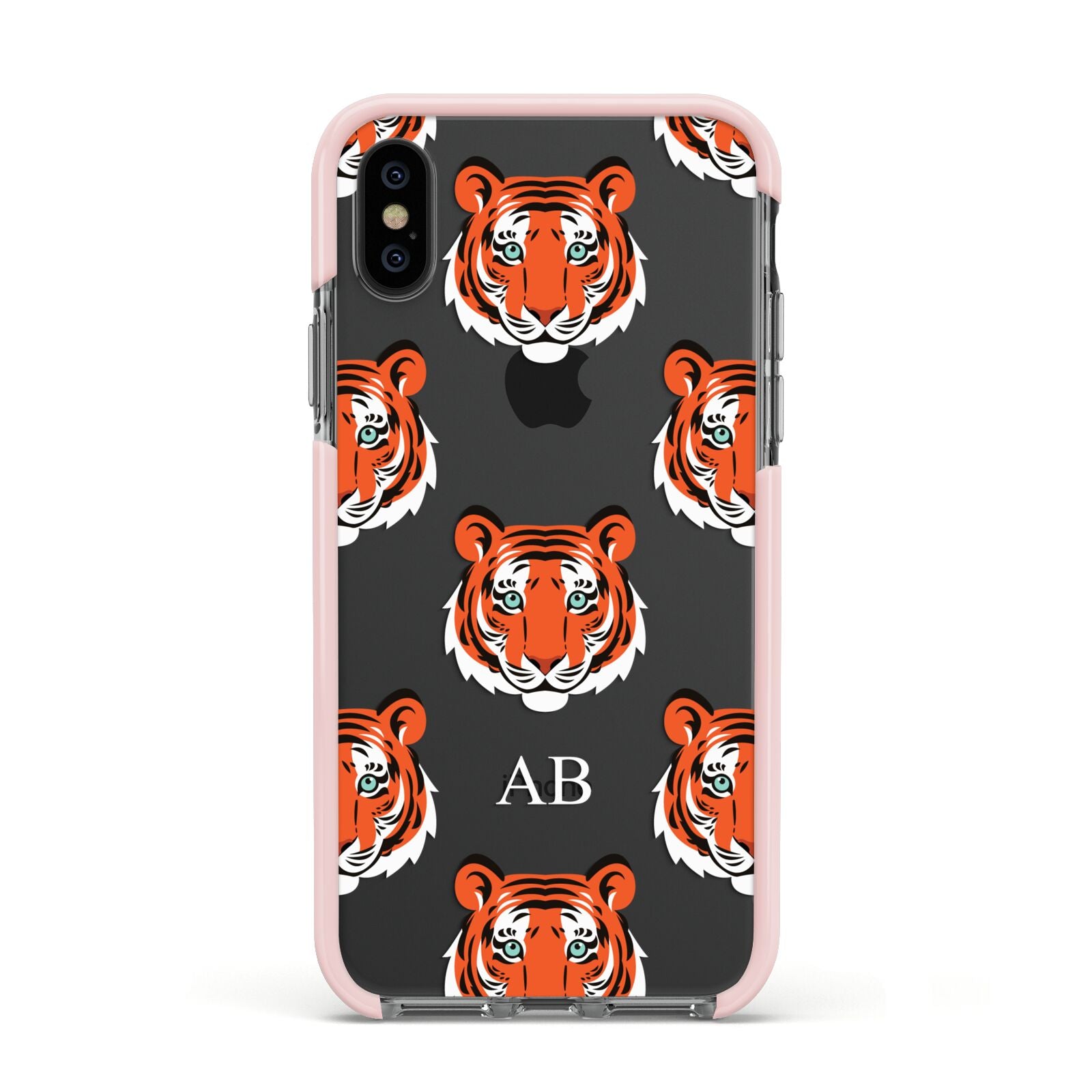 Personalised Tiger Head Apple iPhone Xs Impact Case Pink Edge on Black Phone