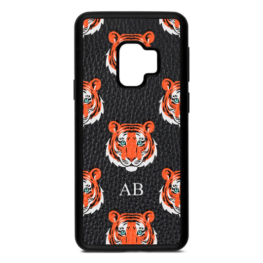 Personalised Tiger Head Black Pebble Leather Samsung S9 Case