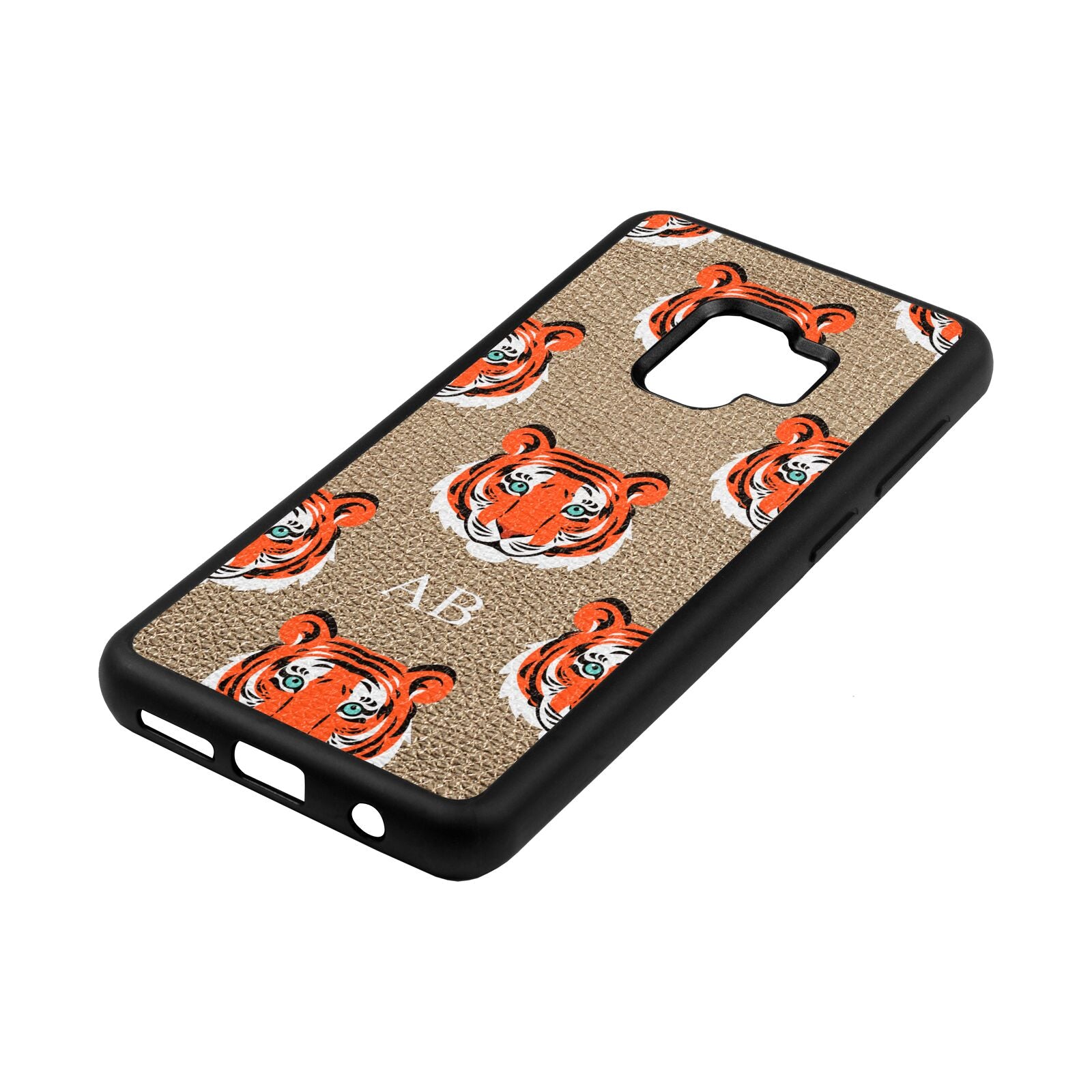 Personalised Tiger Head Gold Pebble Leather Samsung S9 Case Side Angle