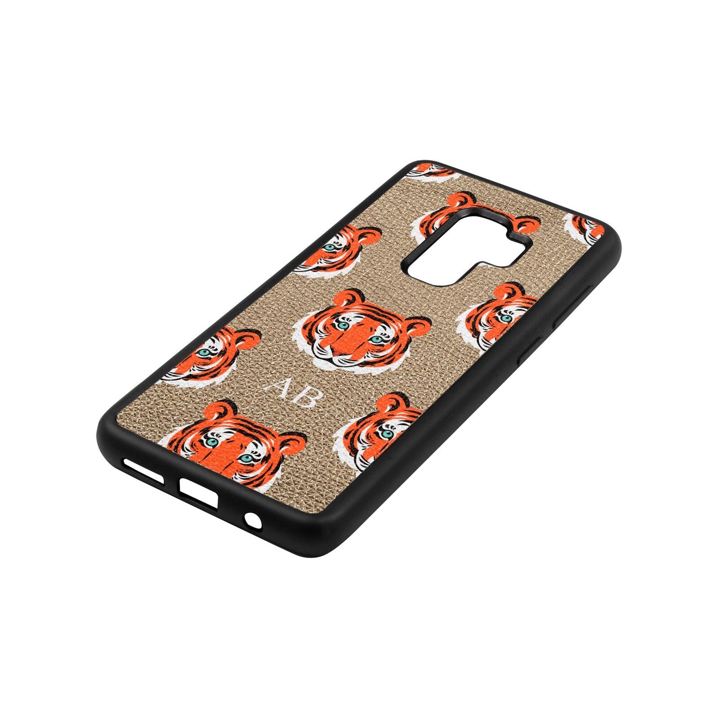 Personalised Tiger Head Gold Pebble Leather Samsung S9 Plus Case Side Angle
