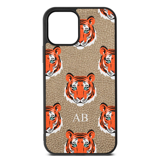 Personalised Tiger Head Gold Pebble Leather iPhone 12 Case