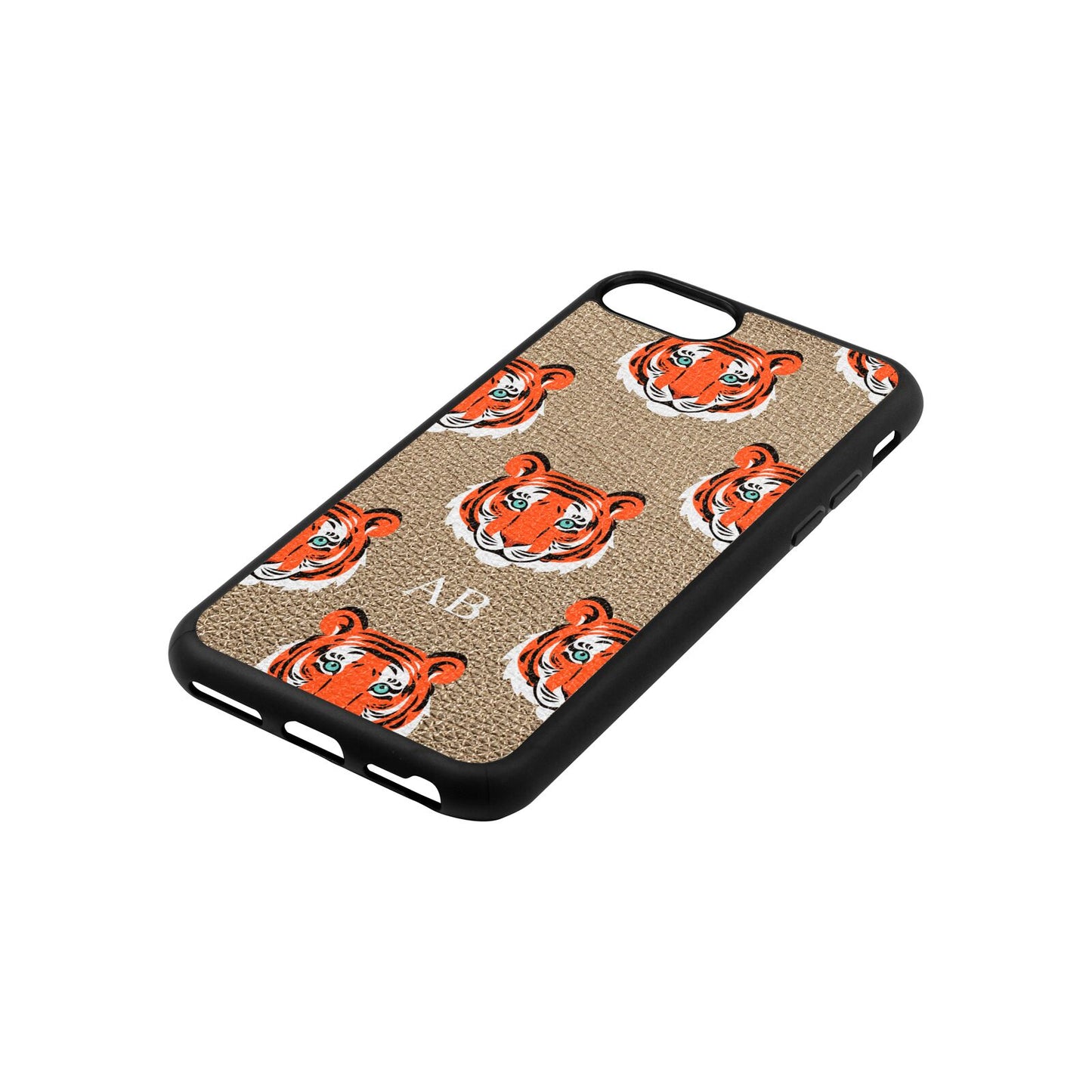 Personalised Tiger Head Gold Pebble Leather iPhone 8 Case Side Angle