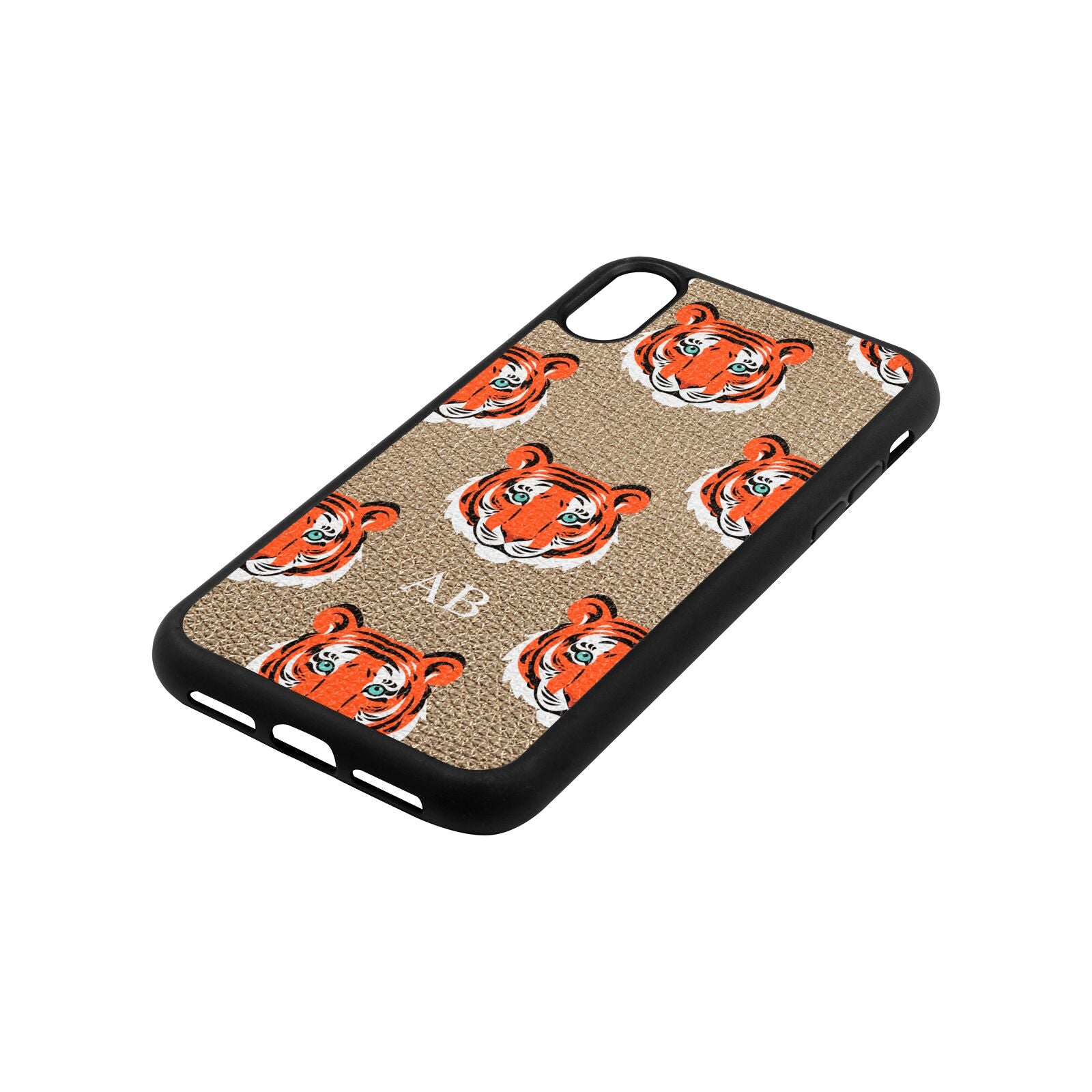 Personalised Tiger Head Gold Pebble Leather iPhone Xr Case Side Angle
