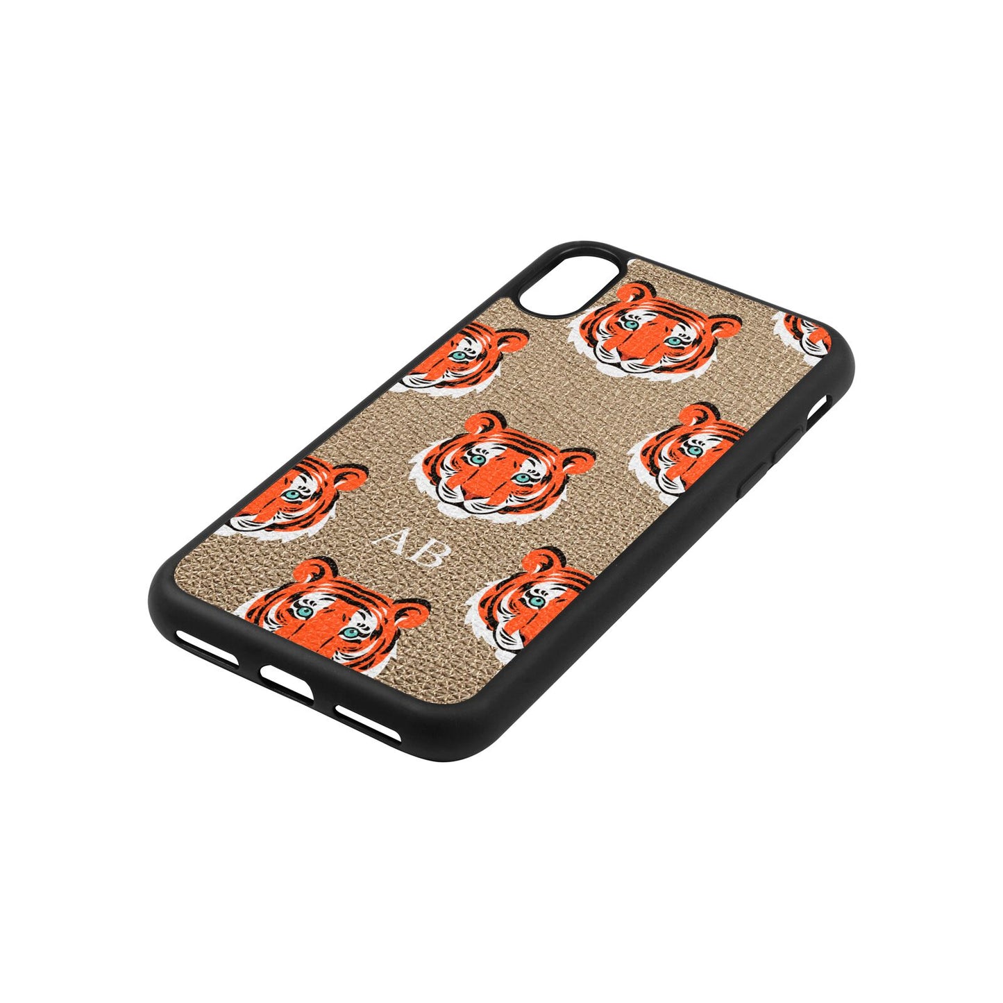 Personalised Tiger Head Gold Pebble Leather iPhone Xs Case Side Angle