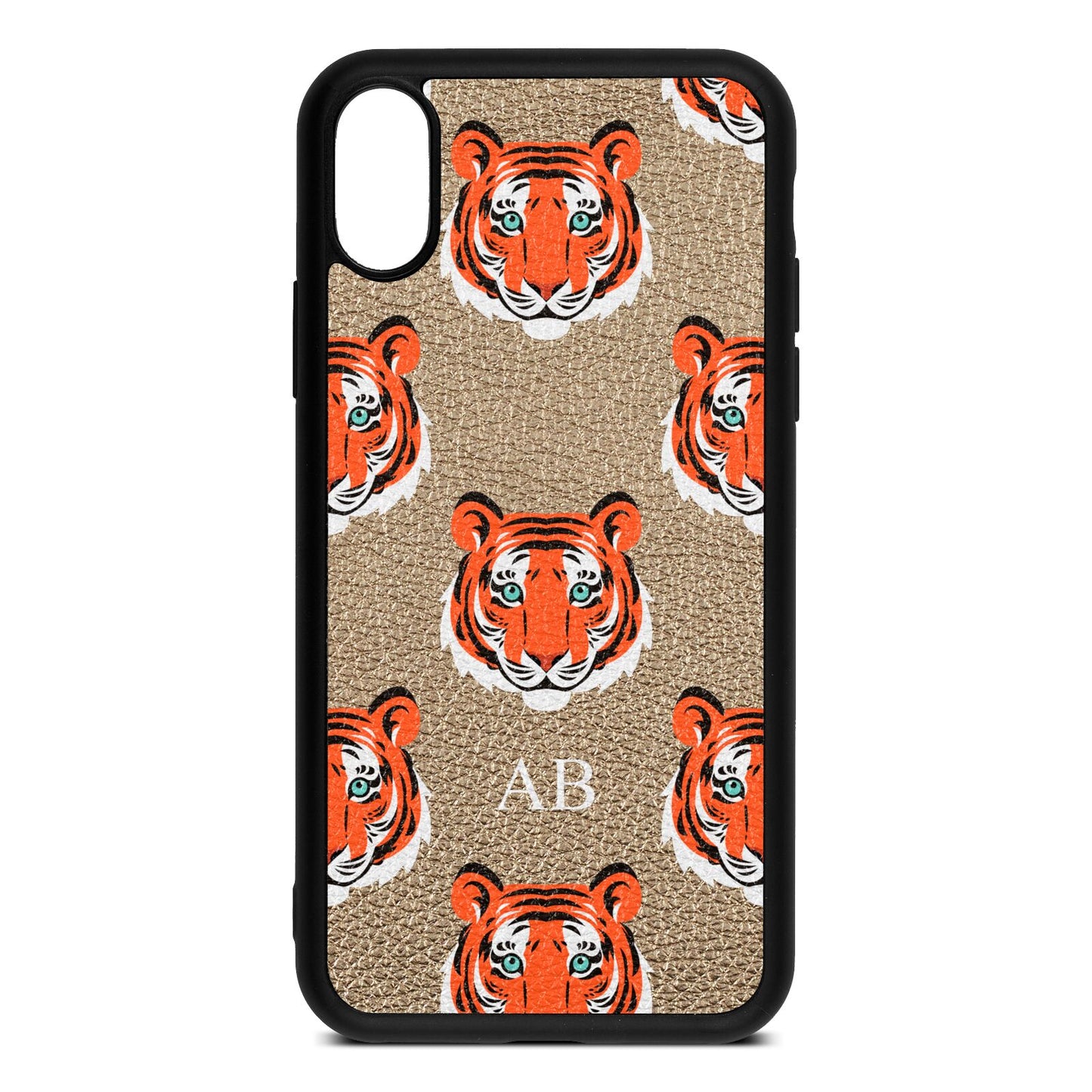Personalised Tiger Head Gold Pebble Leather iPhone Xs Case