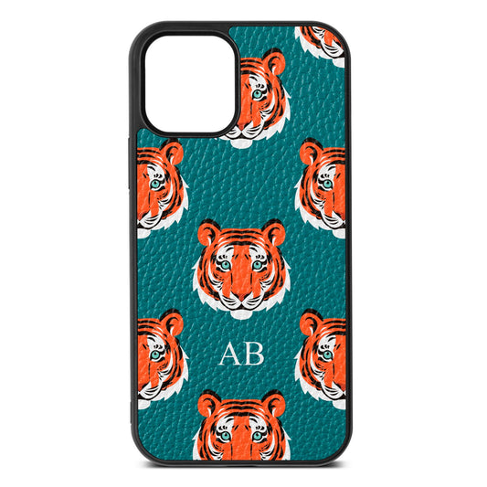 Personalised Tiger Head Green Pebble Leather iPhone 12 Case