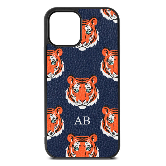 Personalised Tiger Head Navy Blue Pebble Leather iPhone 12 Case