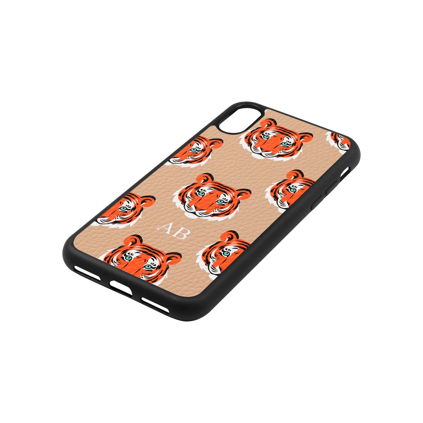 Personalised Tiger Head Nude Pebble Leather iPhone Xs Case Side Angle