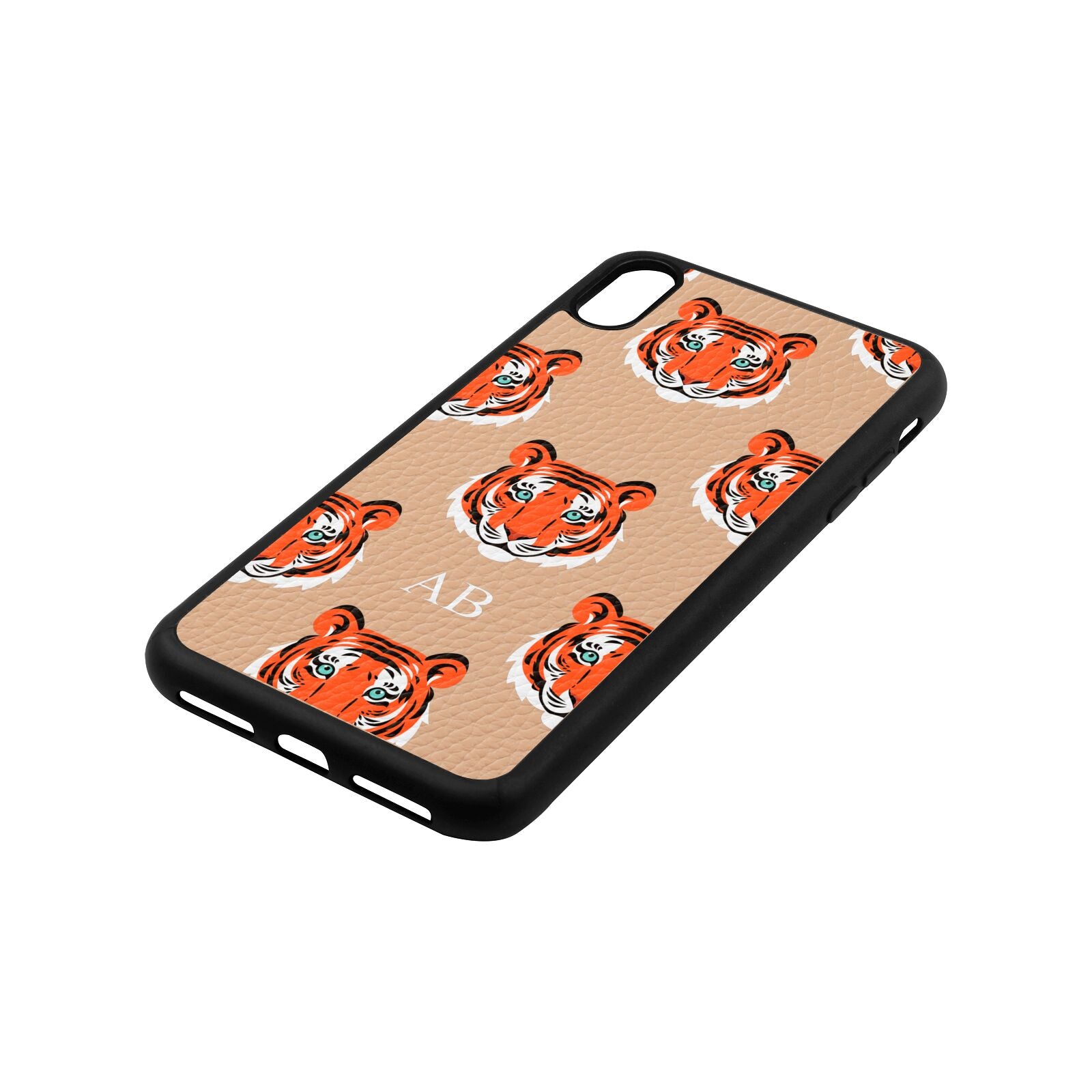 Personalised Tiger Head Nude Pebble Leather iPhone Xs Max Case Side Angle