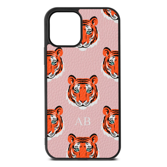 Personalised Tiger Head Pink Pebble Leather iPhone 12 Case