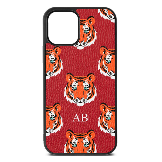 Personalised Tiger Head Red Pebble Leather iPhone 12 Case