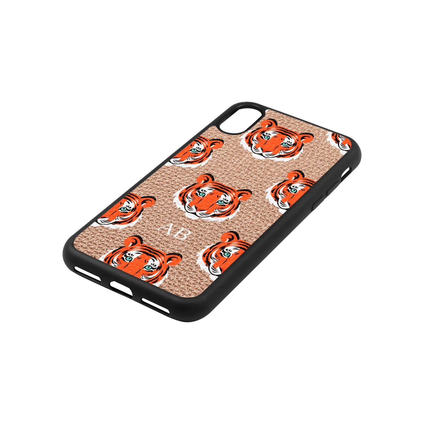 Personalised Tiger Head Rose Gold Pebble Leather iPhone Xs Case Side Angle