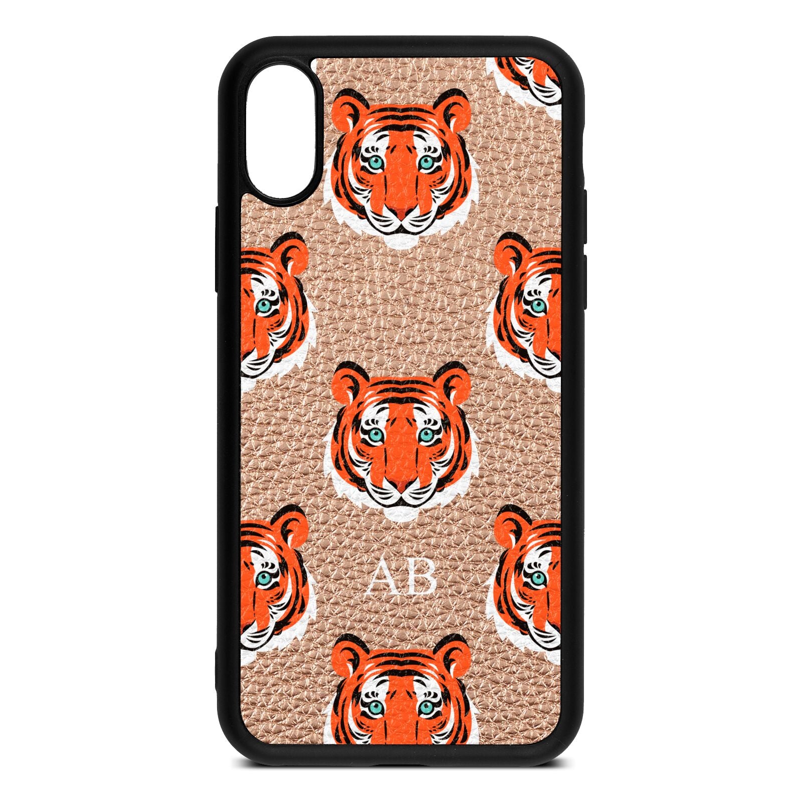 Personalised Tiger Head Rose Gold Pebble Leather iPhone Xs Case