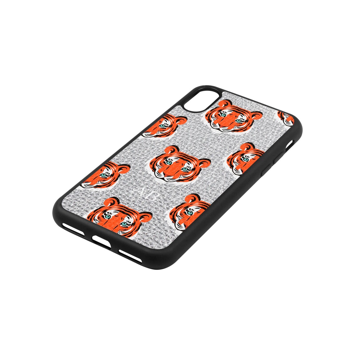 Personalised Tiger Head Silver Gold Pebble Leather iPhone Xs Case Side Angle