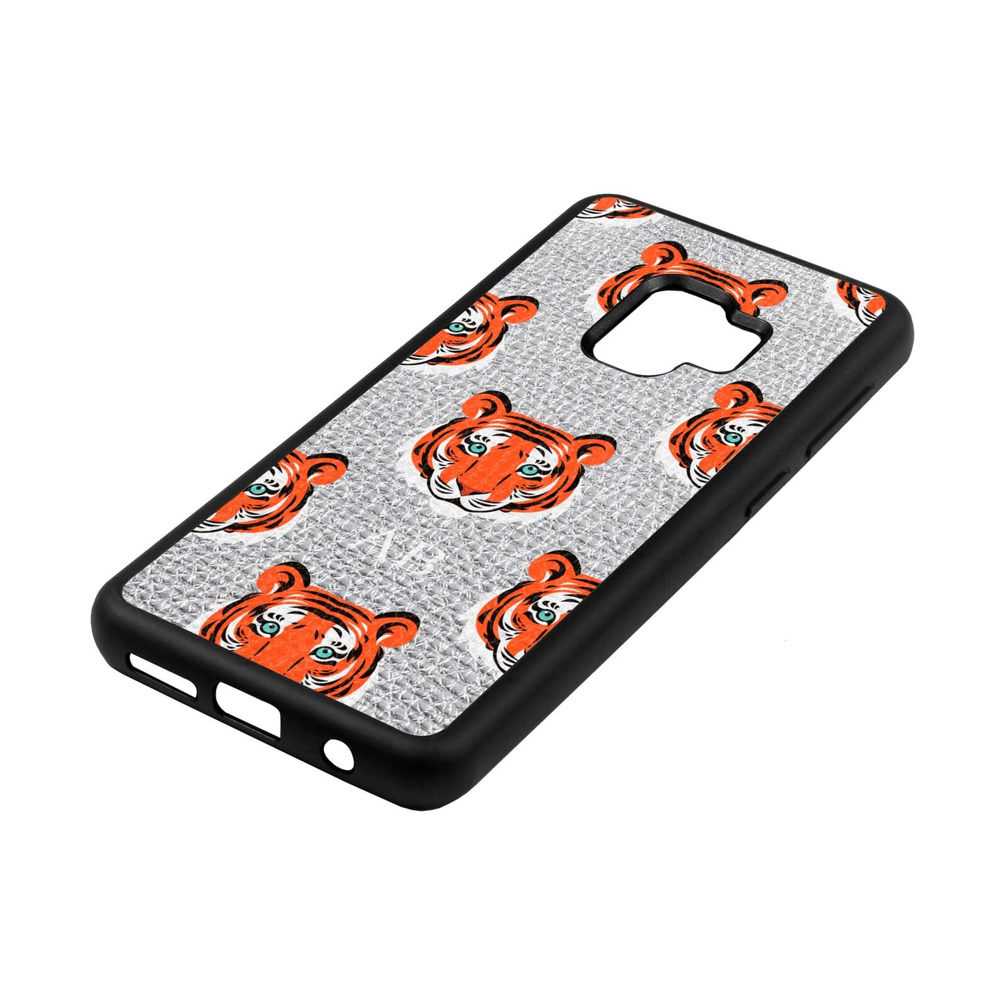 Personalised Tiger Head Silver Pebble Leather Samsung S9 Case Side Angle