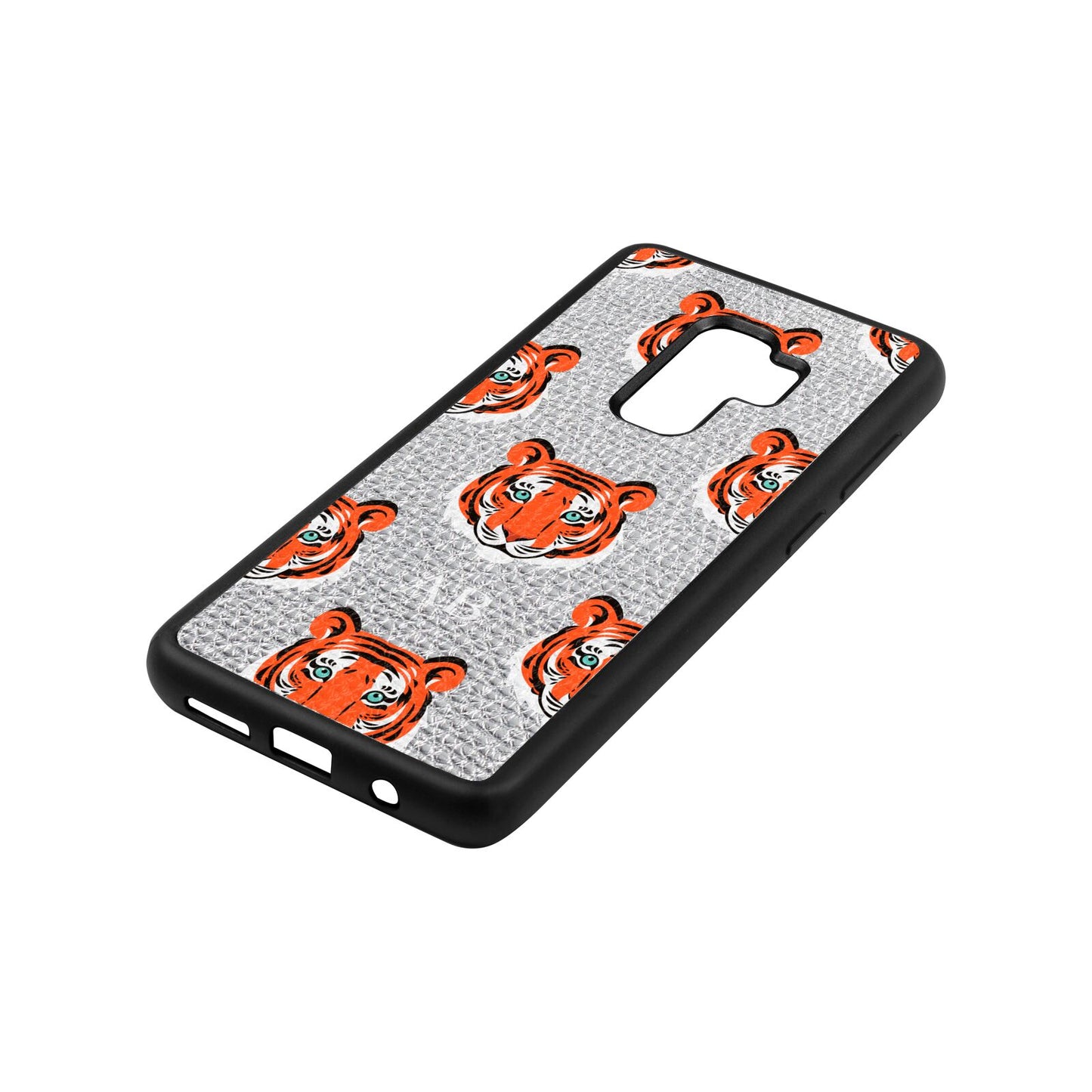 Personalised Tiger Head Silver Pebble Leather Samsung S9 Plus Case Side Angle