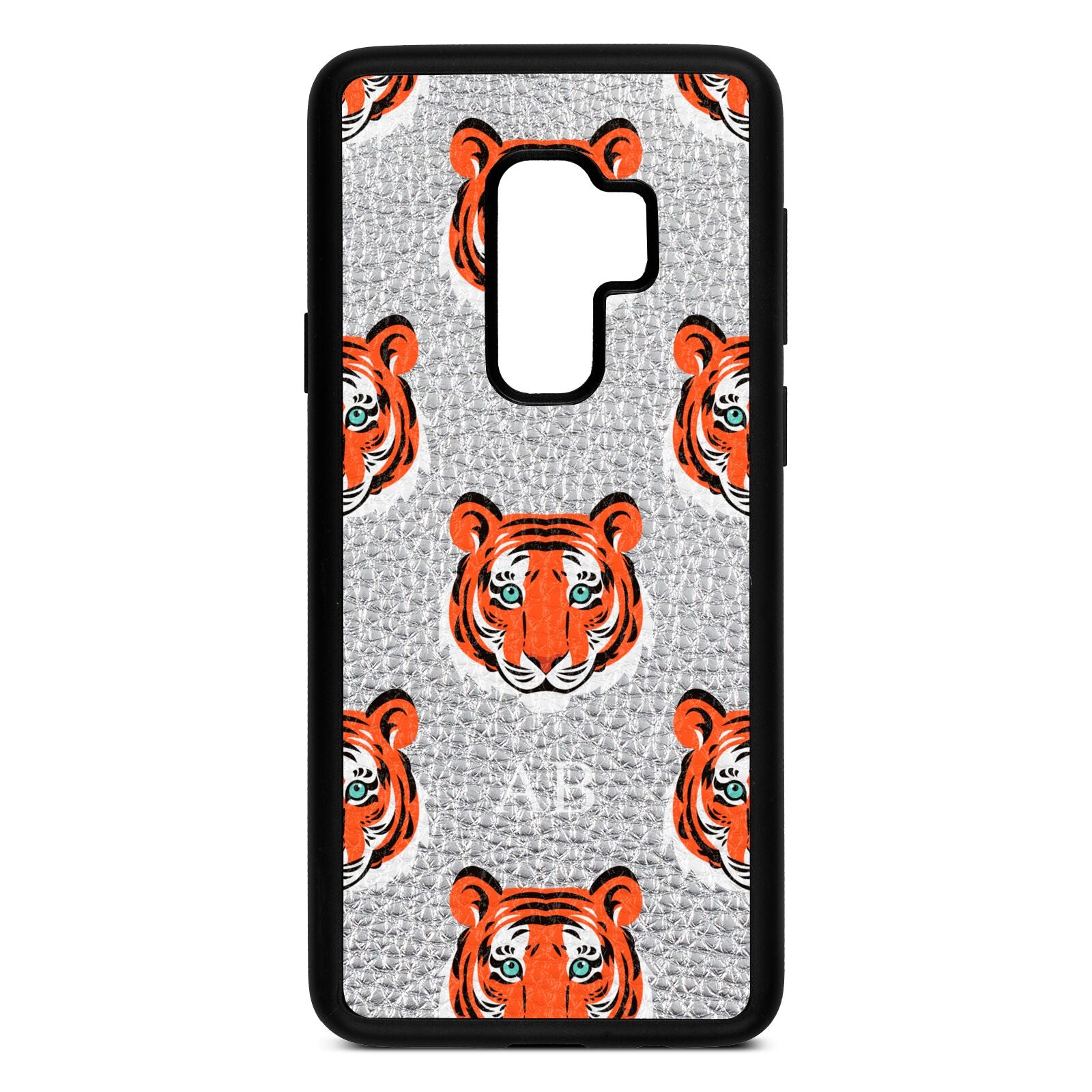 Personalised Tiger Head Silver Pebble Leather Samsung S9 Plus Case
