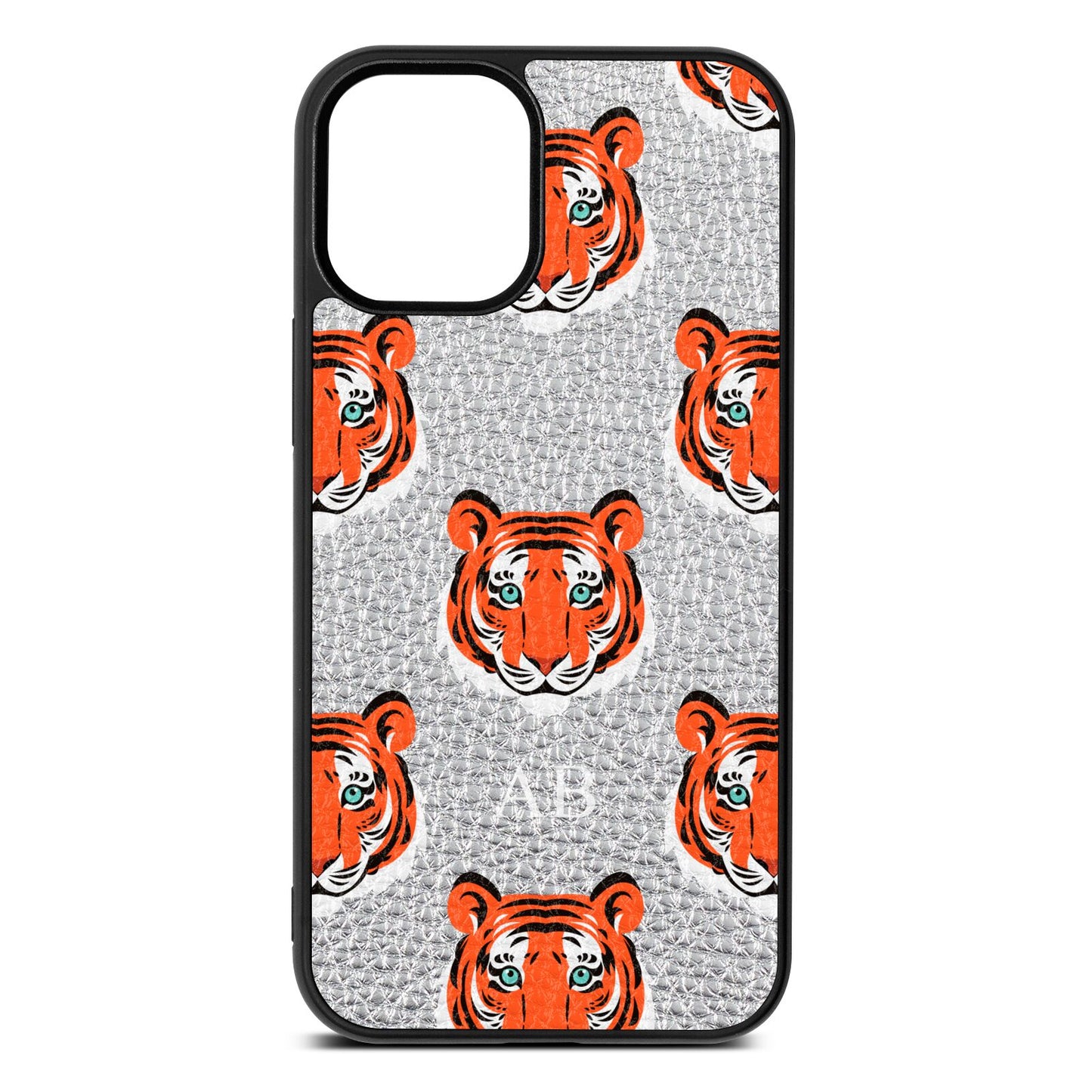 Personalised Tiger Head Silver Pebble Leather iPhone 12 Mini Case