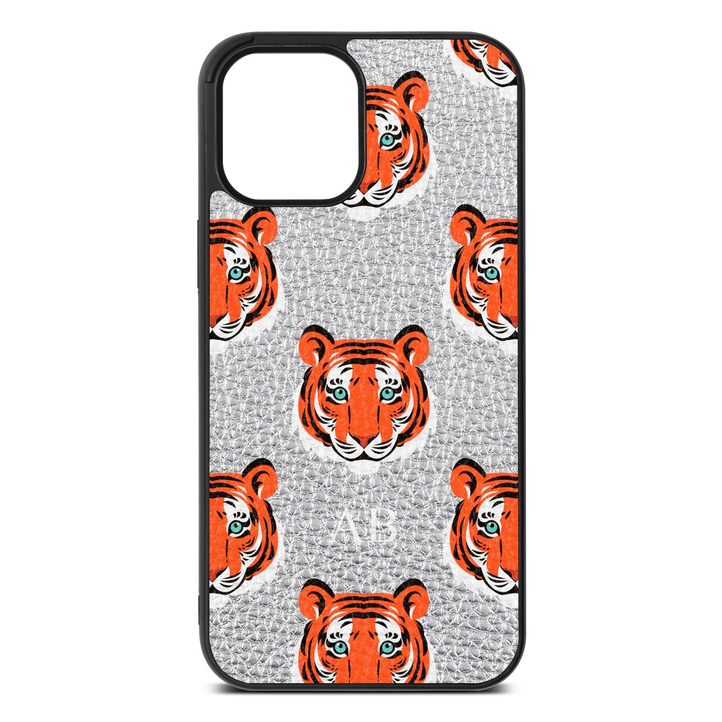 Personalised Tiger Head Silver Pebble Leather iPhone 12 Pro Max Case