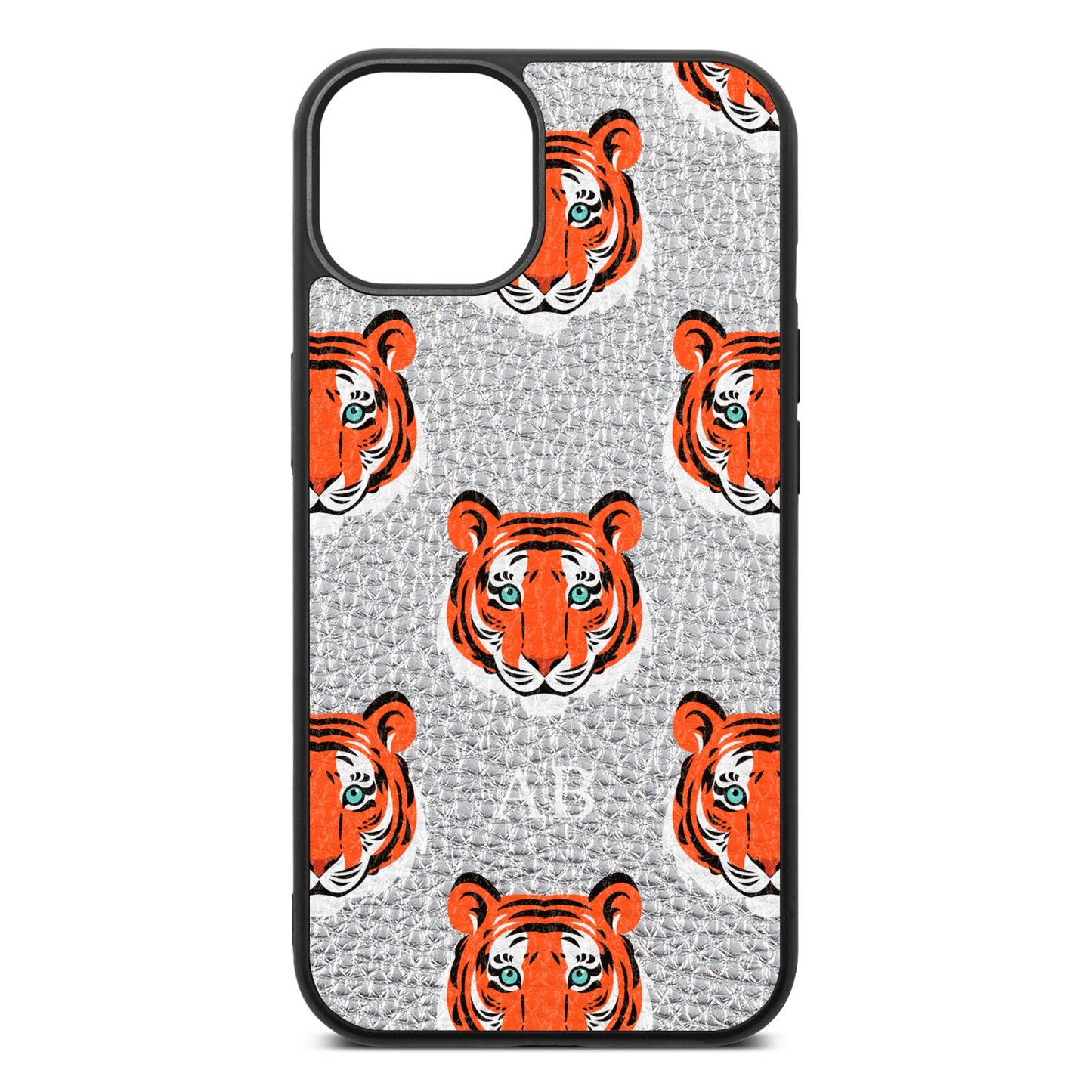 Personalised Tiger Head Silver Pebble Leather iPhone 13 Case