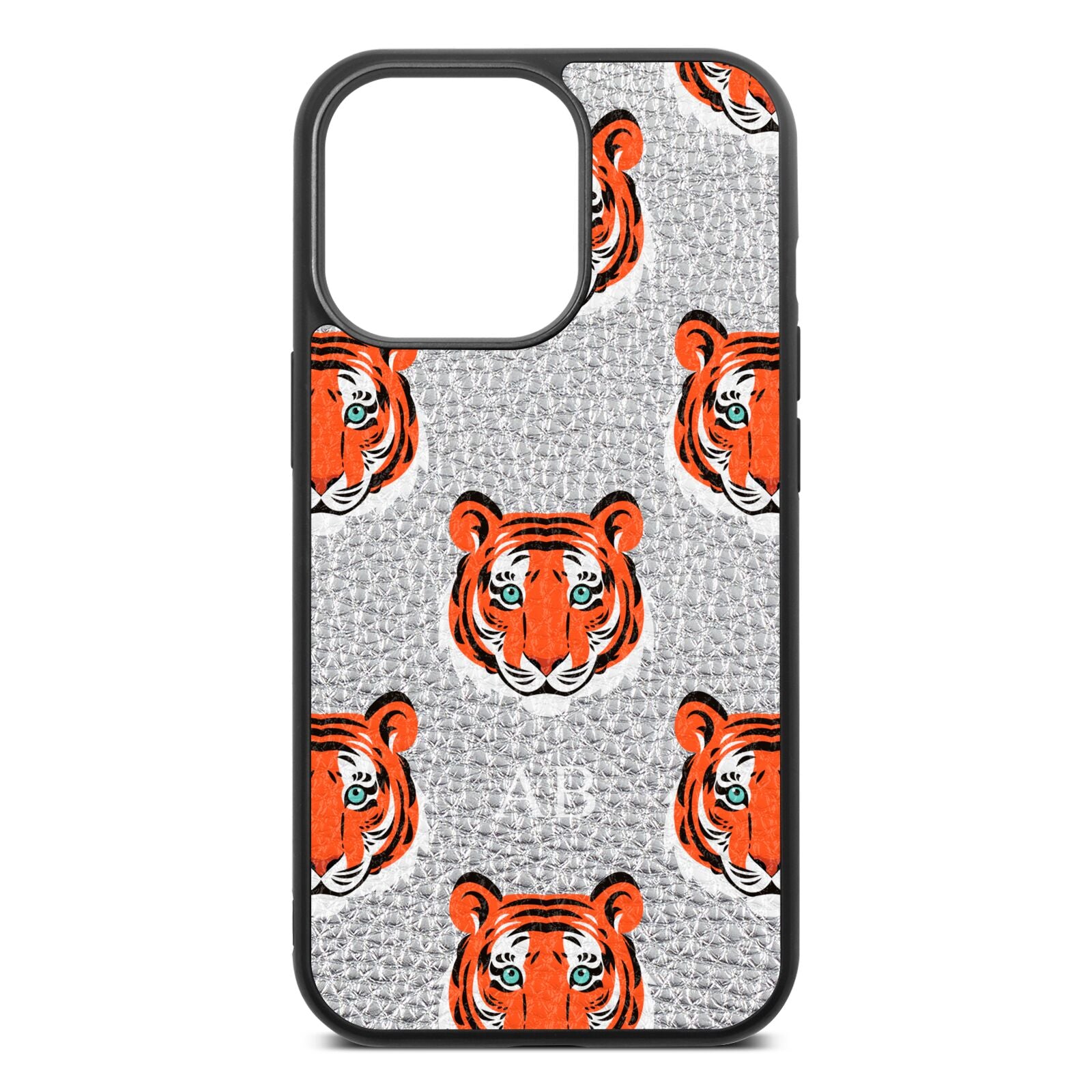 Personalised Tiger Head Silver Pebble Leather iPhone 13 Pro Case