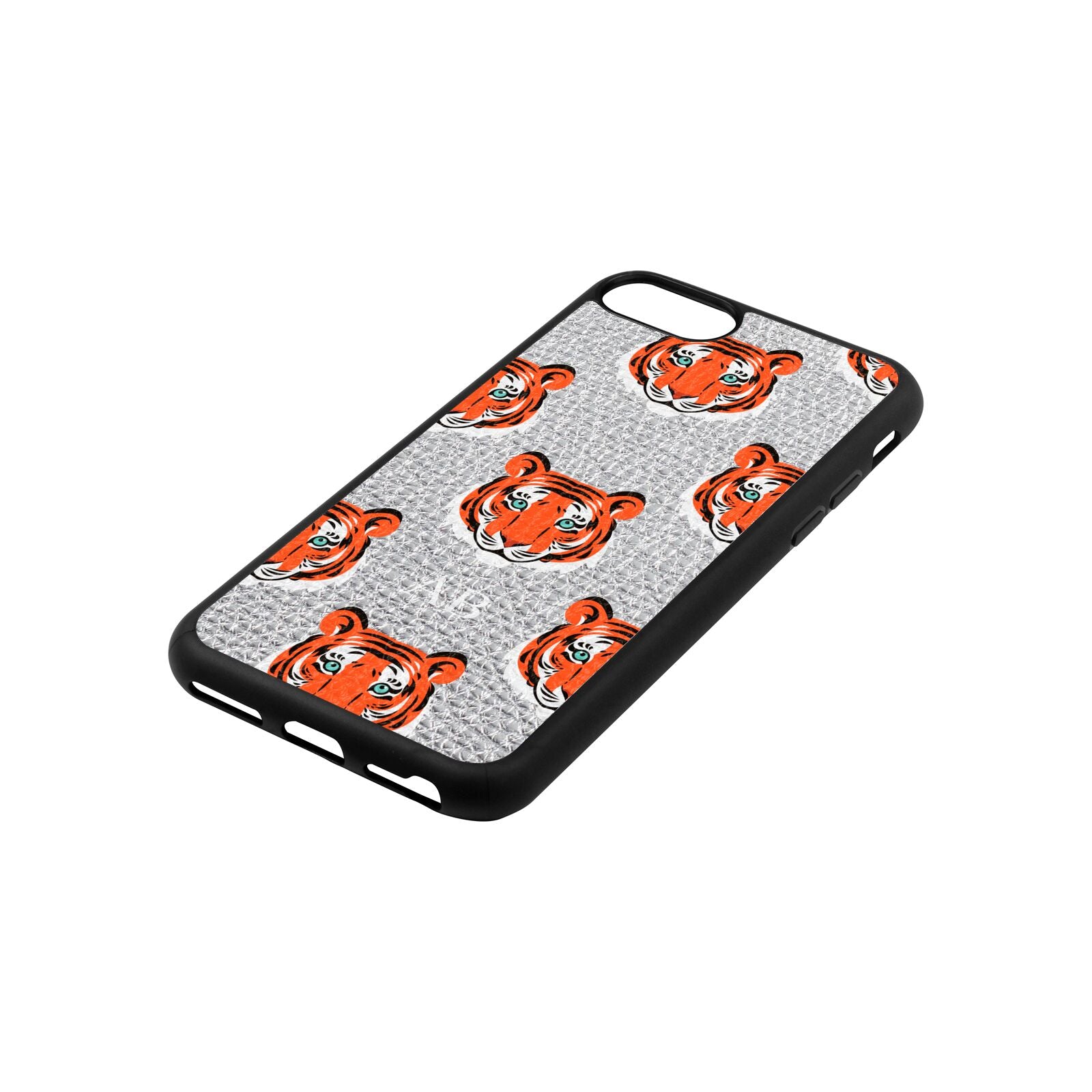Personalised Tiger Head Silver Pebble Leather iPhone 8 Case Side Angle