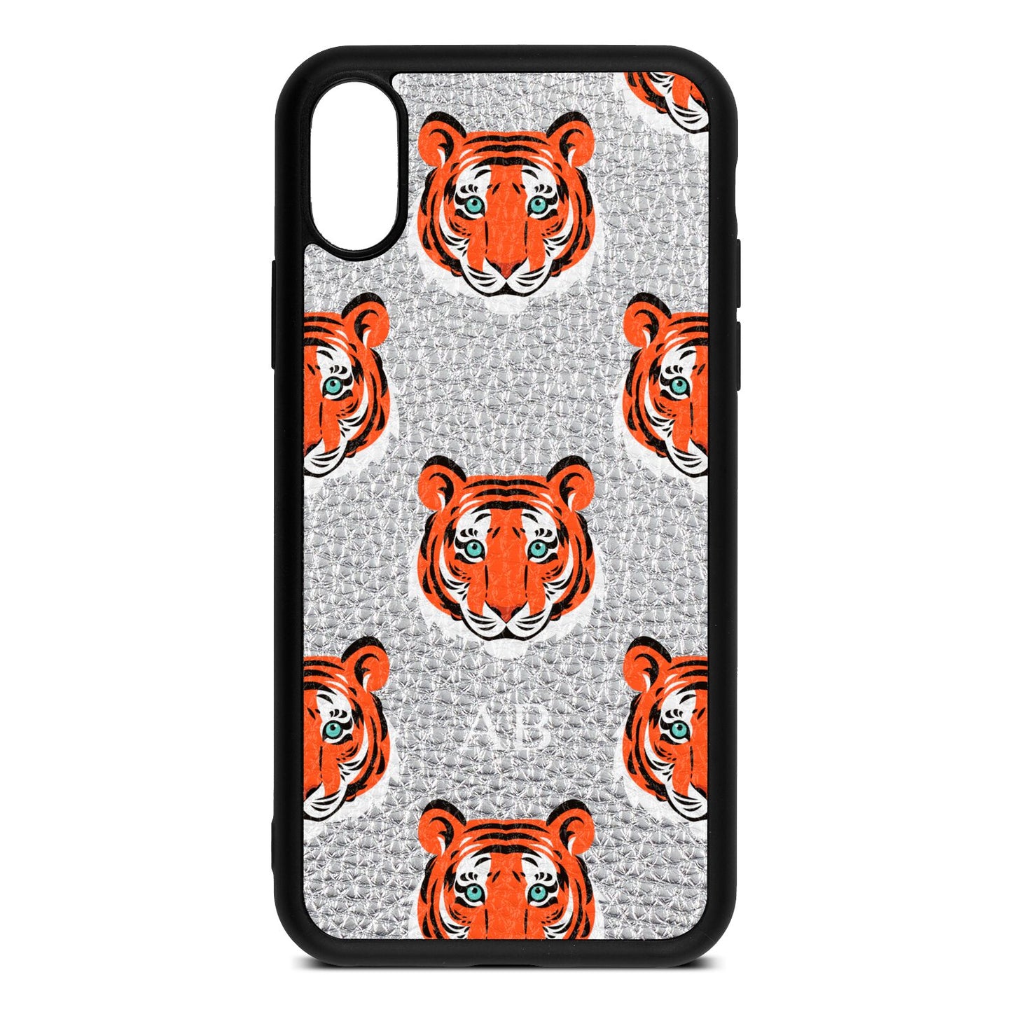 Personalised Tiger Head Silver Pebble Leather iPhone Xs Case