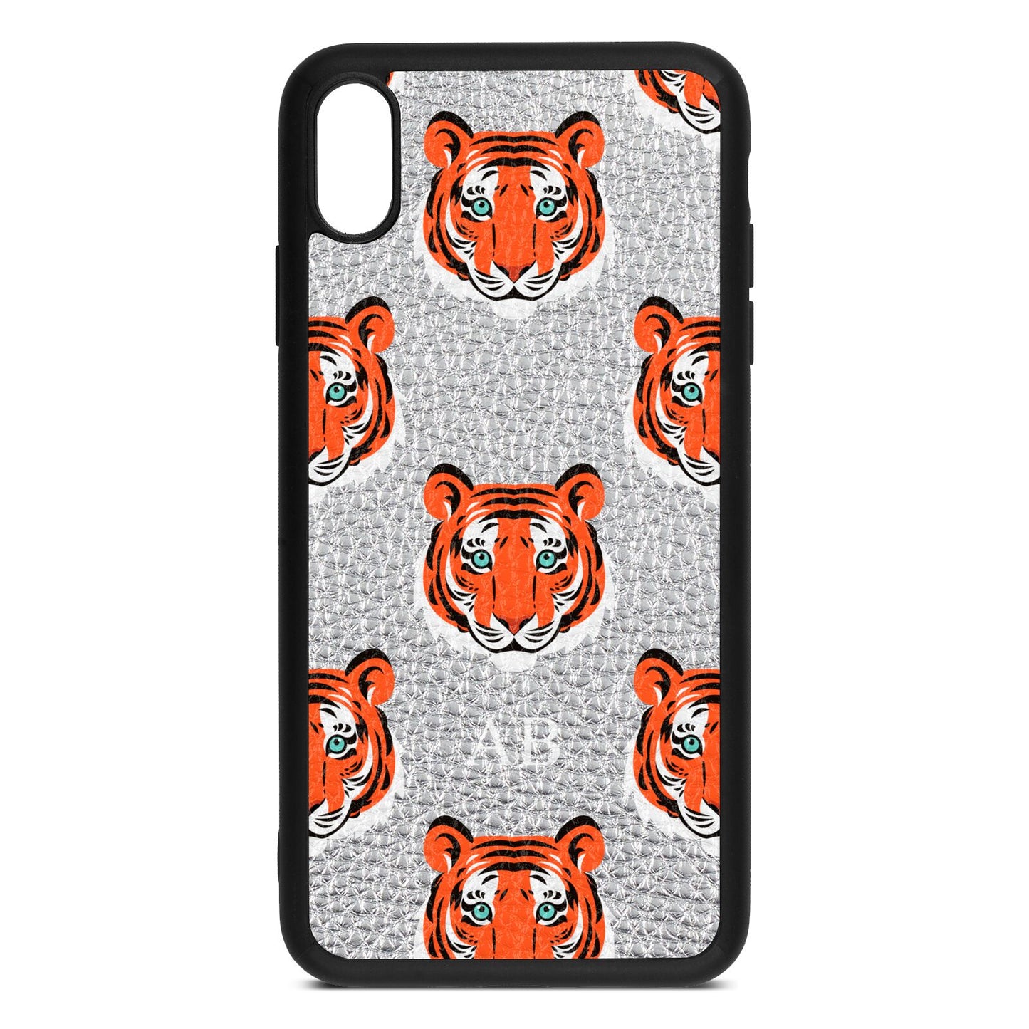 Personalised Tiger Head Silver Pebble Leather iPhone Xs Max Case