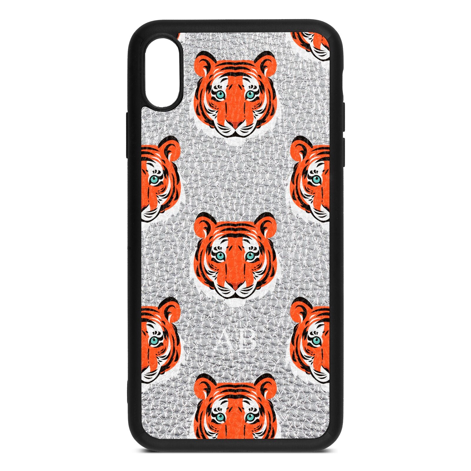 Personalised Tiger Head Silver Pebble Leather iPhone Xs Max Case