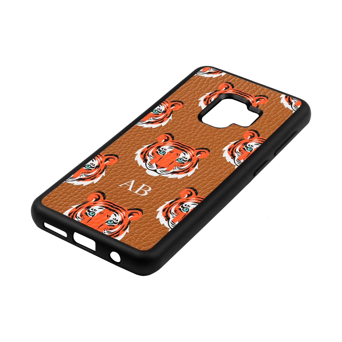 Personalised Tiger Head Tan Pebble Leather Samsung S9 Case Side Angle