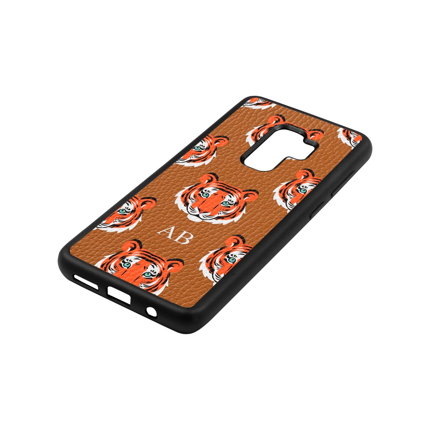 Personalised Tiger Head Tan Pebble Leather Samsung S9 Plus Case Side Angle
