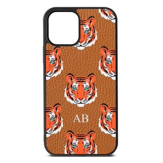 Personalised Tiger Head Tan Pebble Leather iPhone 12 Case
