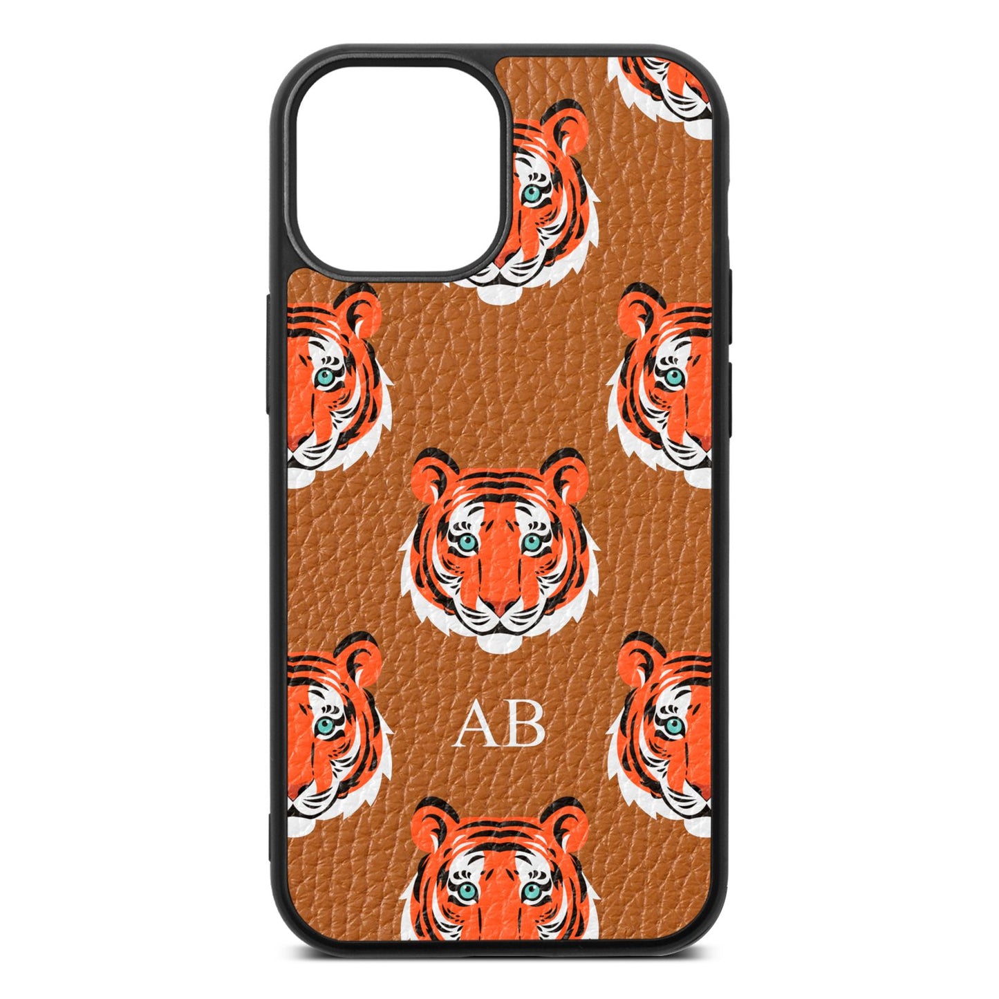 Personalised Tiger Head Tan Pebble Leather iPhone 13 Mini Case