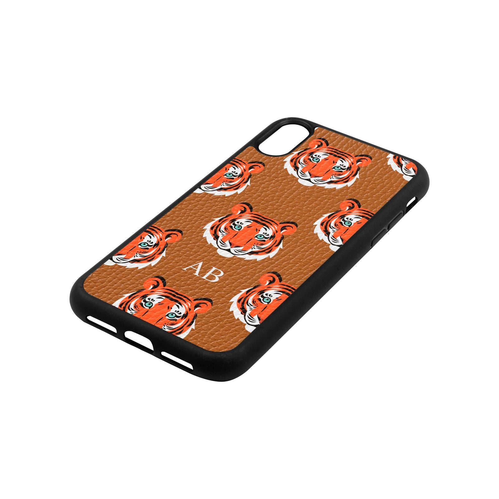 Personalised Tiger Head Tan Pebble Leather iPhone Xr Case Side Angle