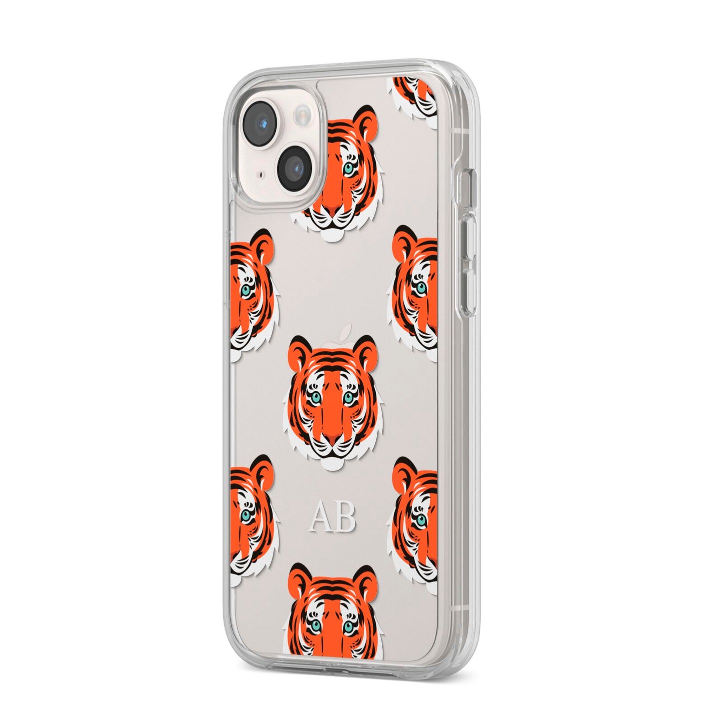 Personalised Tiger Head iPhone 14 Plus Clear Tough Case Starlight Angled Image