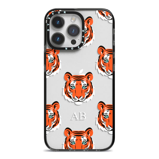 Personalised Tiger Head iPhone 14 Pro Max Black Impact Case on Silver phone