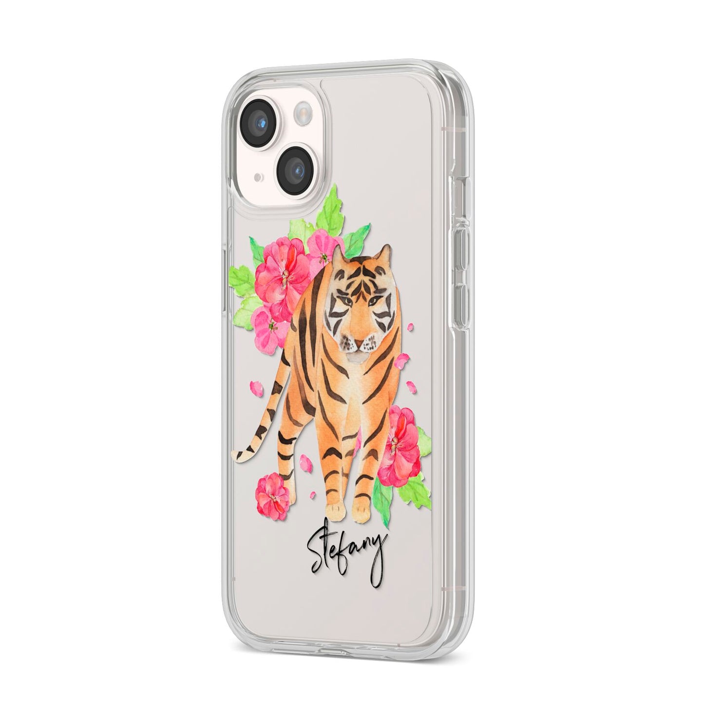Personalised Tiger iPhone 14 Clear Tough Case Starlight Angled Image