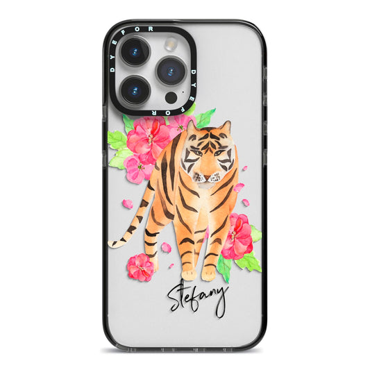 Personalised Tiger iPhone 14 Pro Max Black Impact Case on Silver phone