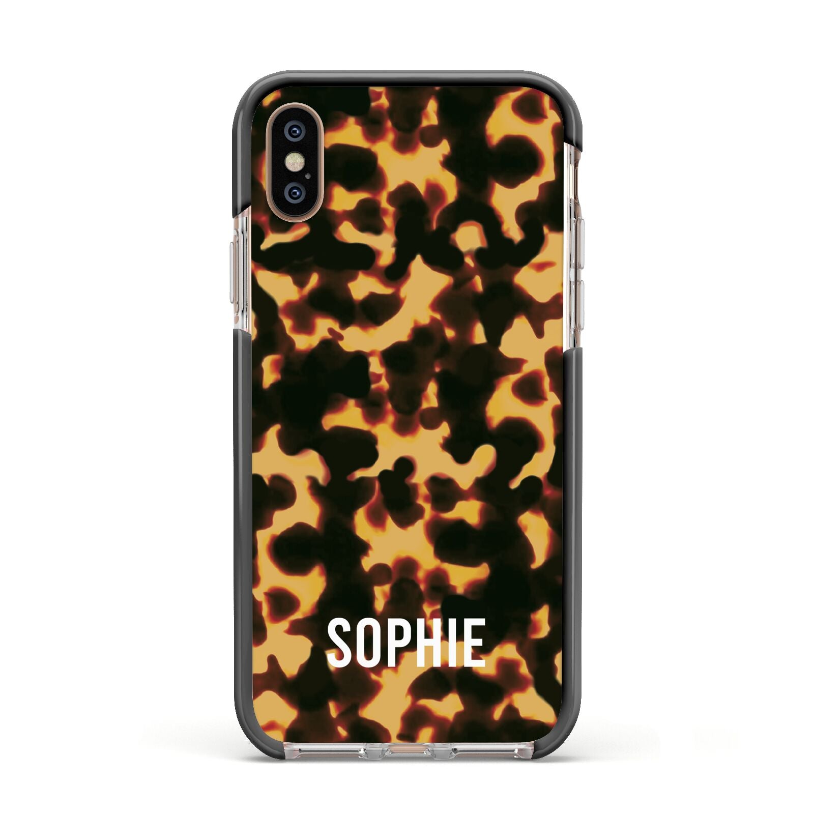 Personalised Tortoise Shell Pattern Apple iPhone Xs Impact Case Black Edge on Gold Phone