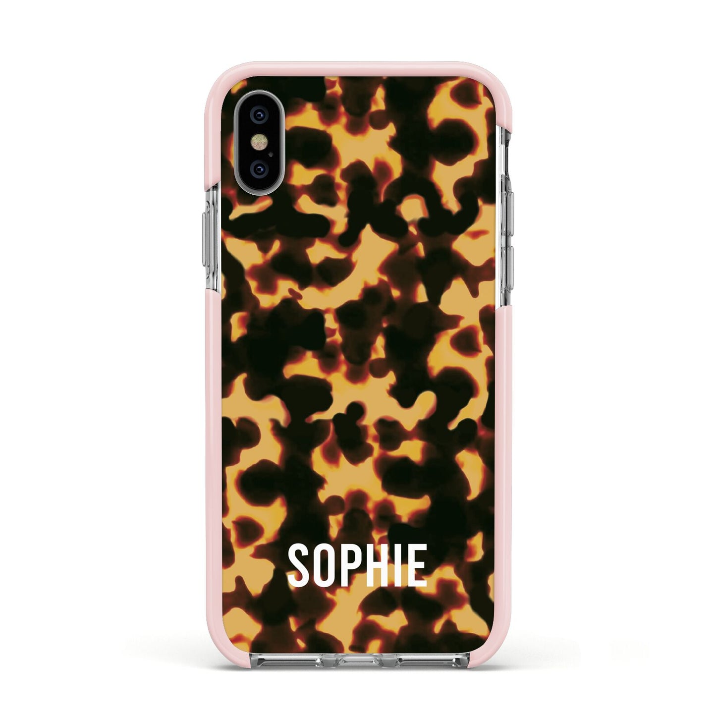 Personalised Tortoise Shell Pattern Apple iPhone Xs Impact Case Pink Edge on Silver Phone