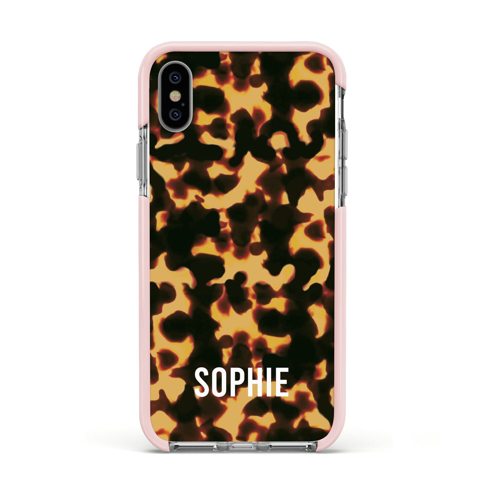 Personalised Tortoise Shell Pattern Apple iPhone Xs Impact Case Pink Edge on Silver Phone