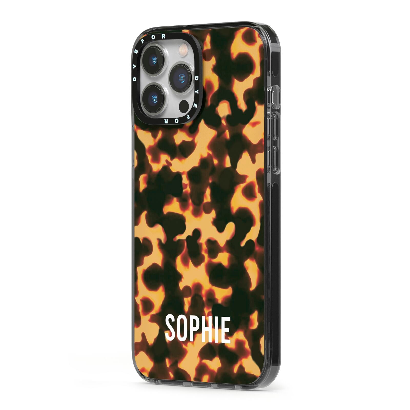 Personalised Tortoise Shell Pattern iPhone 13 Pro Max Black Impact Case Side Angle on Silver phone