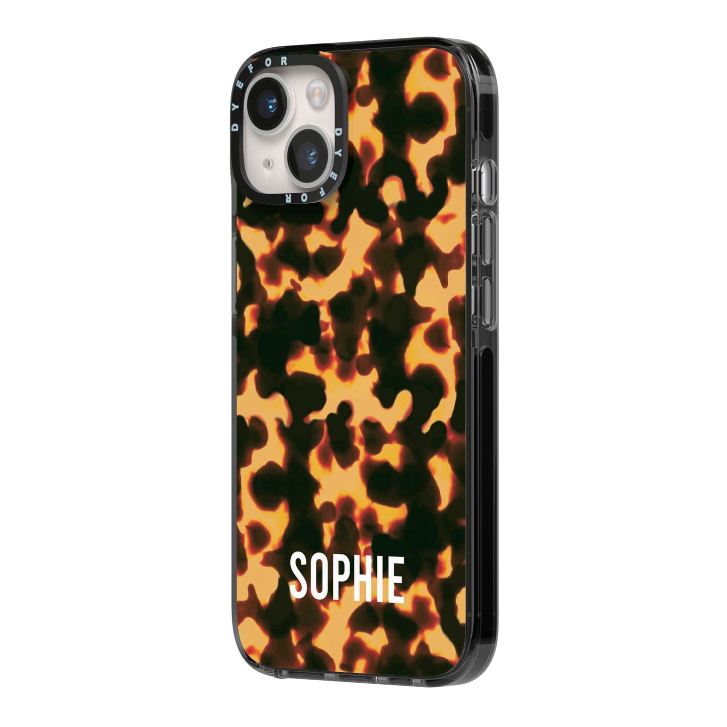 Personalised Tortoise Shell Pattern iPhone 14 Black Impact Case Side Angle on Silver phone